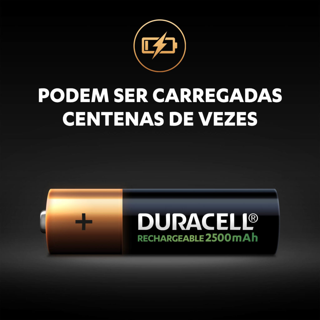 A bateria recarregável Duracell de tamanho AA de 2500mAh pode durar até 100 recargas