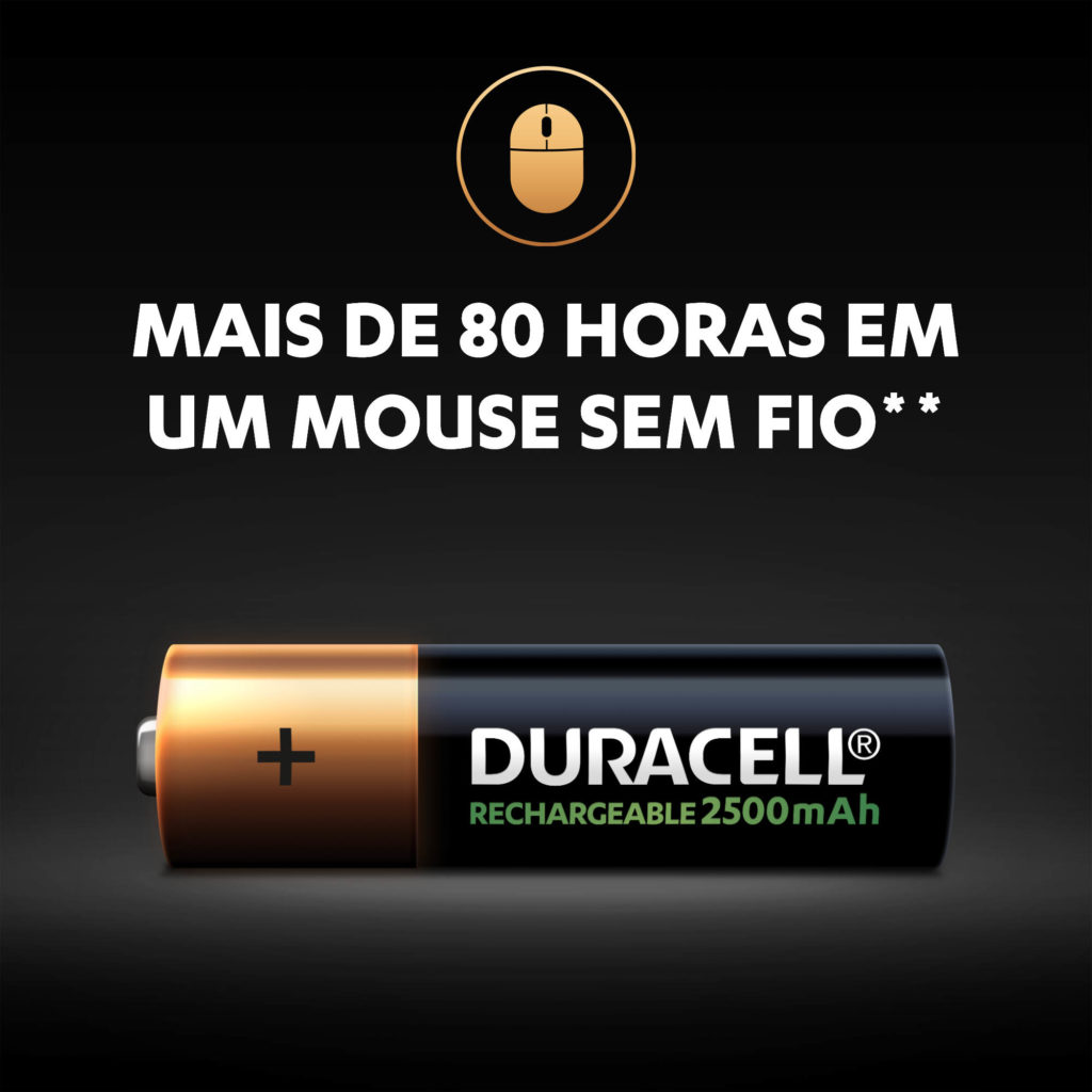 As baterias recarregáveis ​​Duracell AA duram até 80 horas em um mouse sem fio por uma carga
