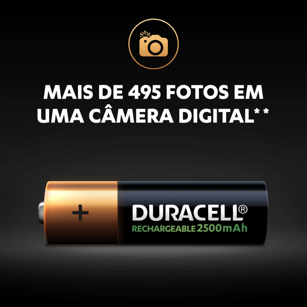 Ilustração da bateria recarregável Duracell A energia de 2500mAh faz até 495 fotos com uma câmera digital