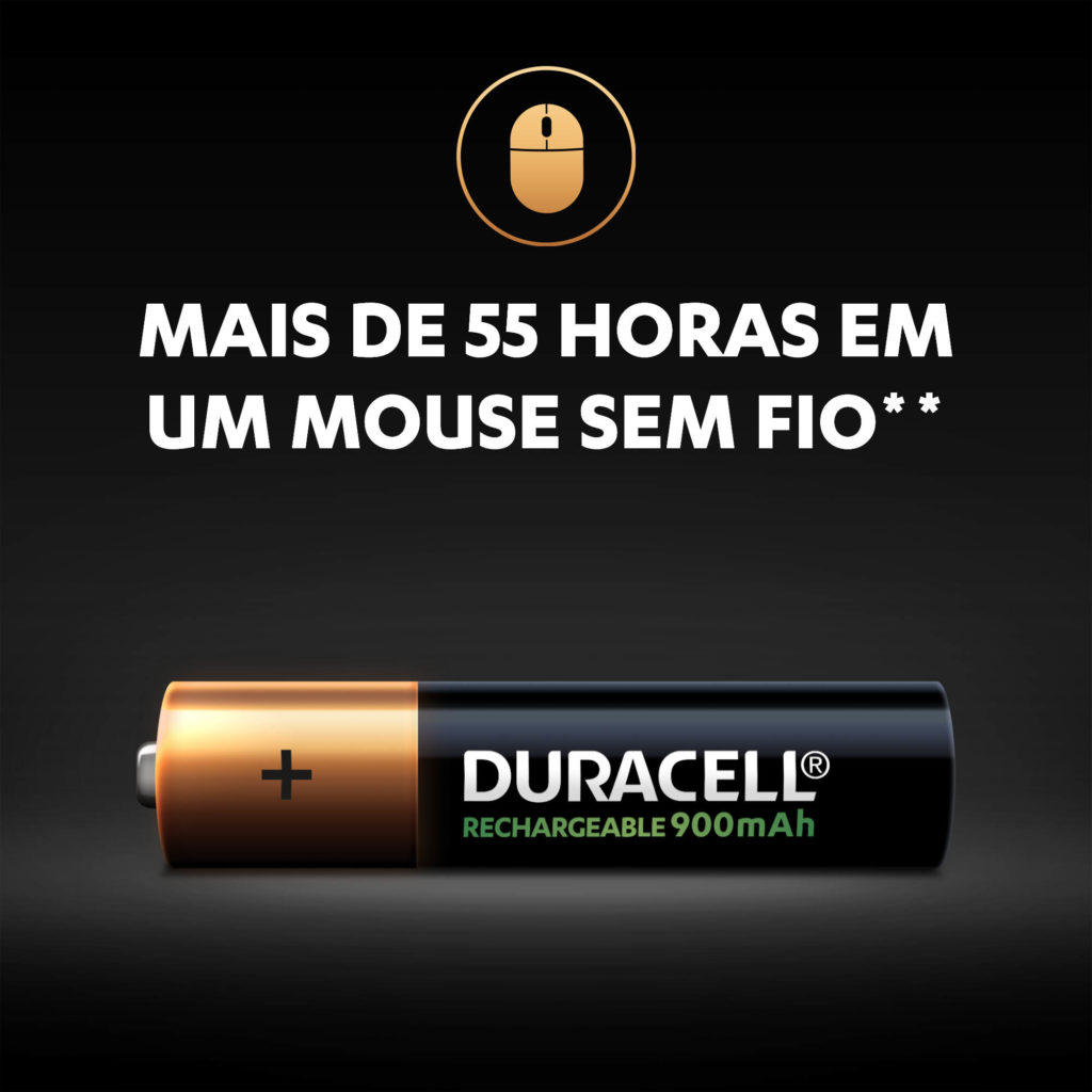 As baterias recarregáveis ​​Duracell AAA duram até 55 horas em um mouse sem fio por uma carga