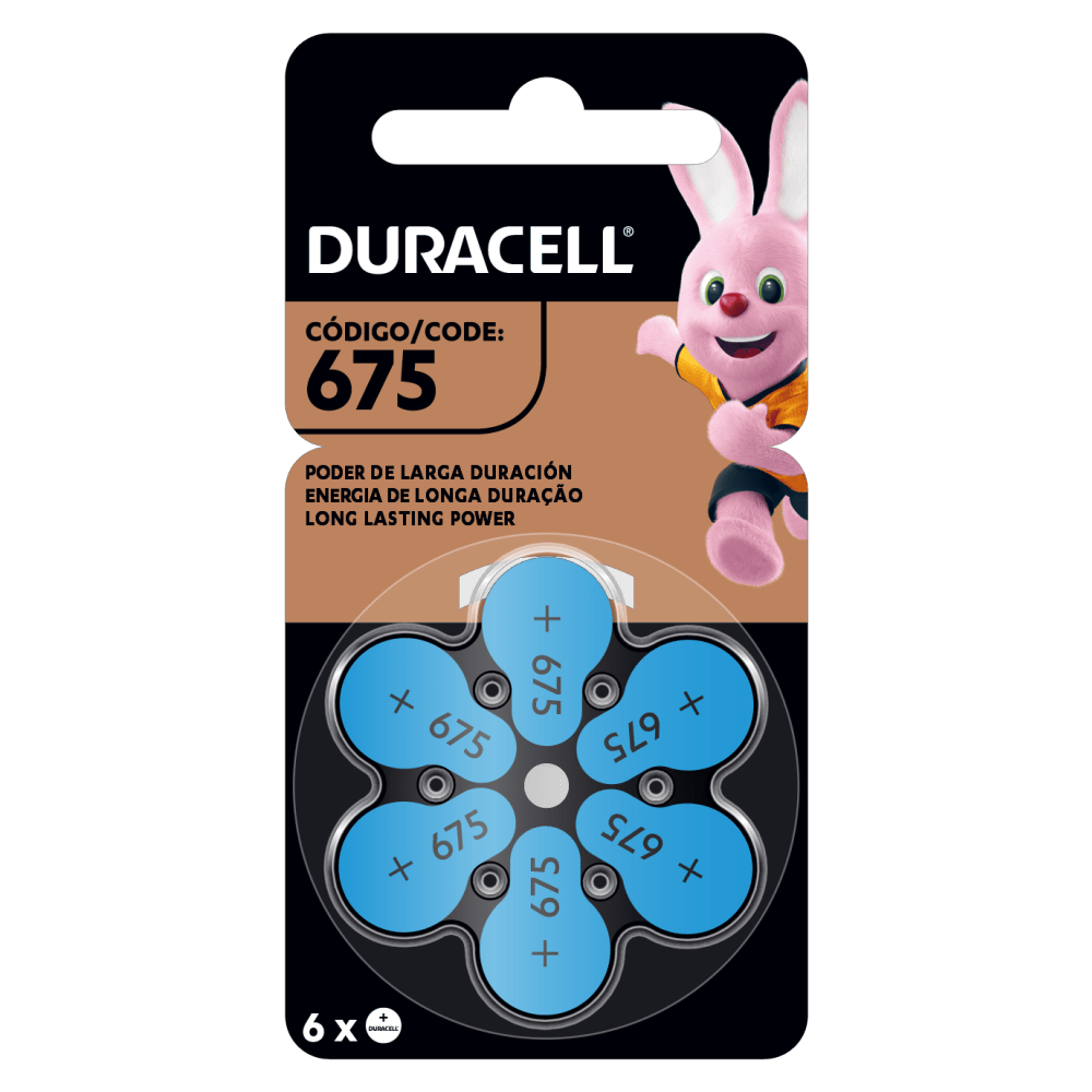 Baterias para aparelhos auditivos especiais Duracell tamanho 675 em embalagem de 6 peças